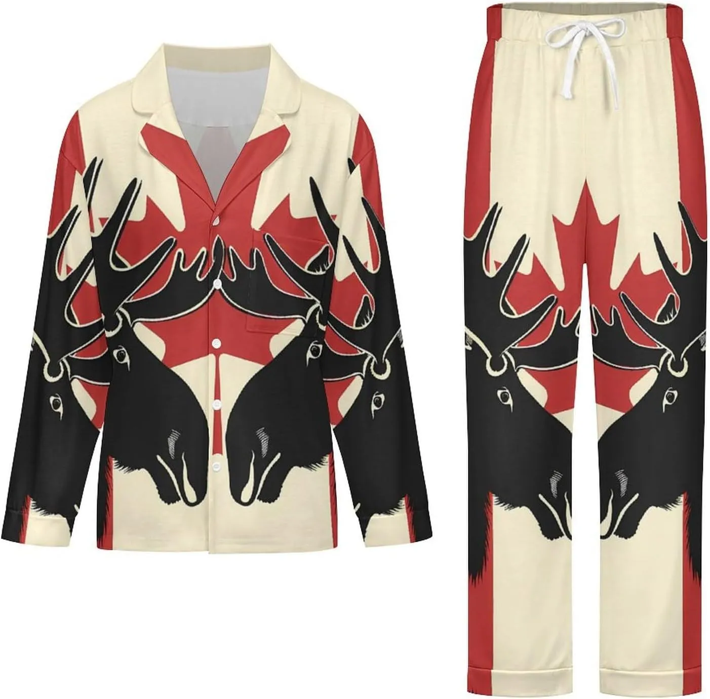 Moose Canda Flag Women's Casual Button Down Pajamas Set Long Sleeve Loungewear with Top And Pants