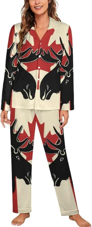 Moose Canda Flag Women's Casual Button Down Pajamas Set Long Sleeve Loungewear with Top And Pants