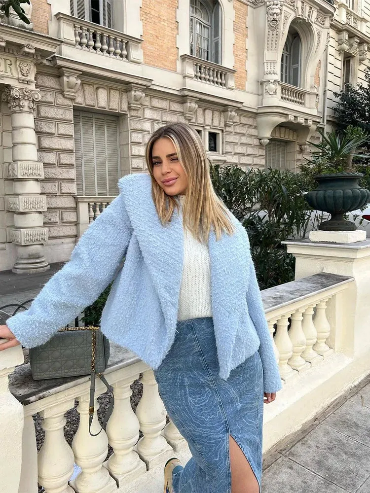 Mqtime Lapel Collar Long Sleeve Plush Coat Women Elegant Thicken Warm Short Jacket Autumn Winter Lady Fashion Party Prom Outwears