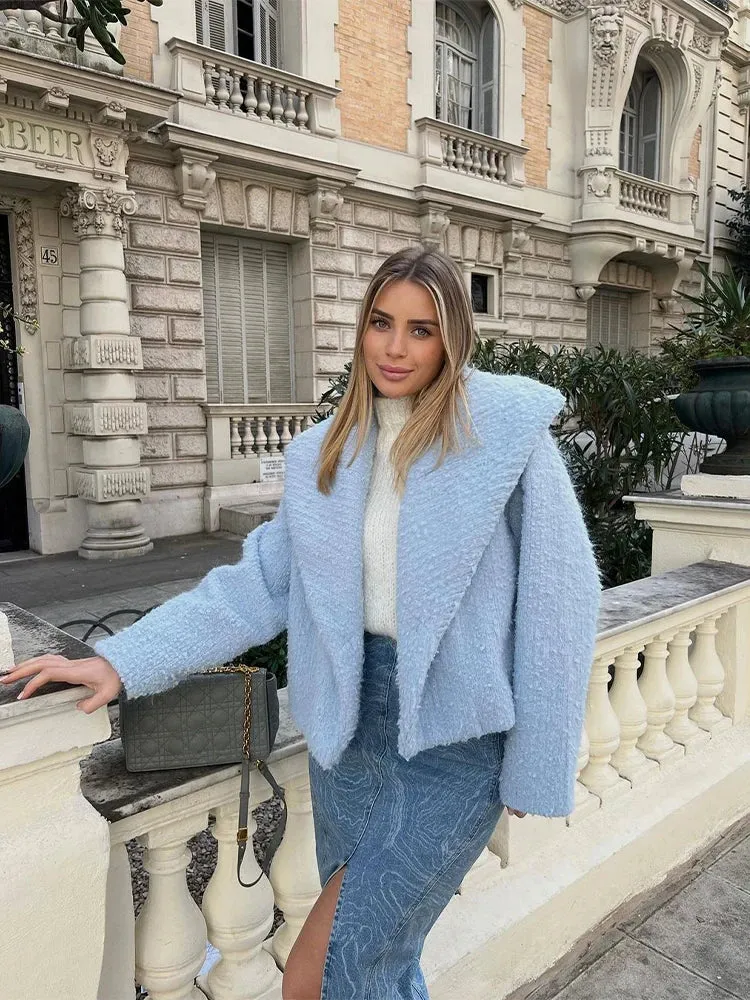 Mqtime Lapel Collar Long Sleeve Plush Coat Women Elegant Thicken Warm Short Jacket Autumn Winter Lady Fashion Party Prom Outwears