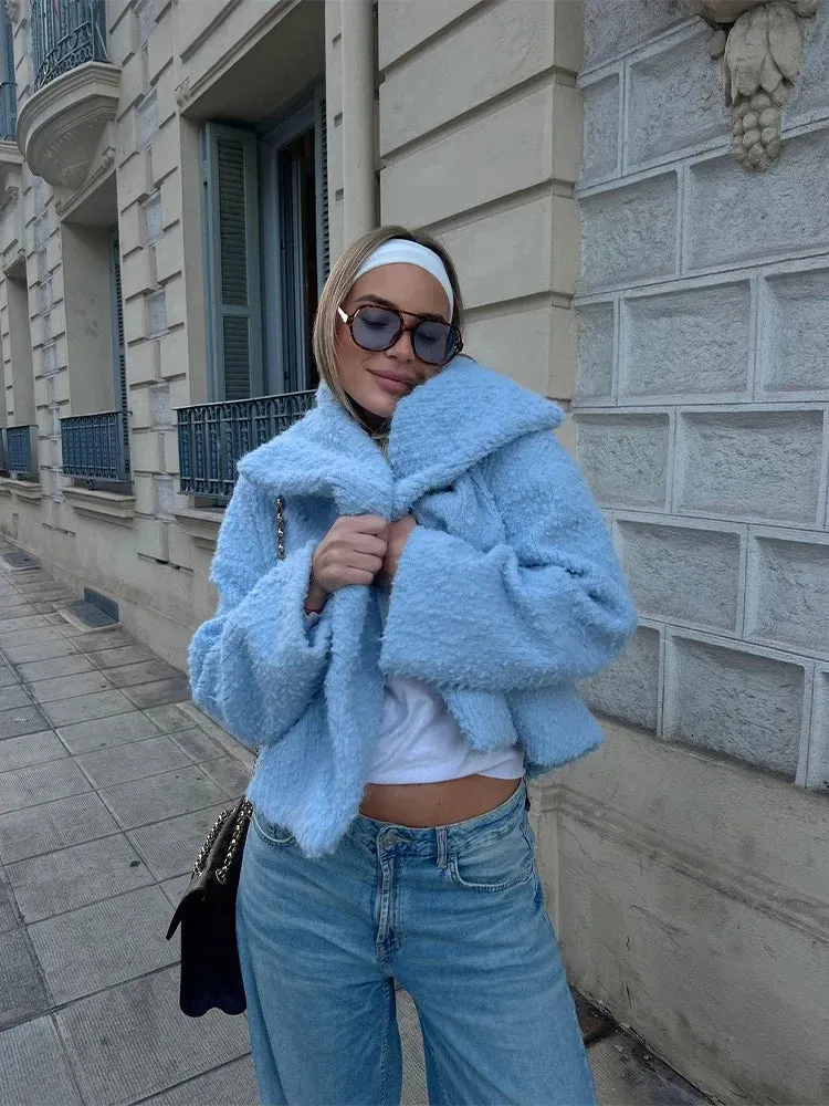 Mqtime Lapel Collar Long Sleeve Plush Coat Women Elegant Thicken Warm Short Jacket Autumn Winter Lady Fashion Party Prom Outwears