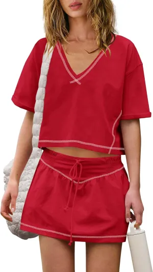 Nirovien Womens 2 Piece Workout Sets Summer Athletic Outfits Short Sleeve Crop Tops and Skirt with Shorts Set