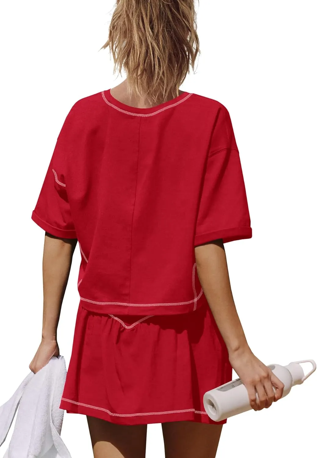 Nirovien Womens 2 Piece Workout Sets Summer Athletic Outfits Short Sleeve Crop Tops and Skirt with Shorts Set