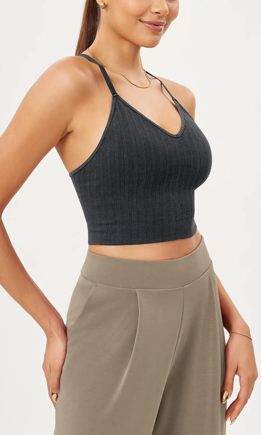 ODODOS Seamless Padded Sports Bra for Women Strappy Longline Wirefree Brami Ribbed Crop Tank Tops