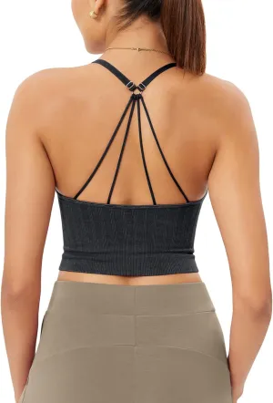 ODODOS Seamless Padded Sports Bra for Women Strappy Longline Wirefree Brami Ribbed Crop Tank Tops