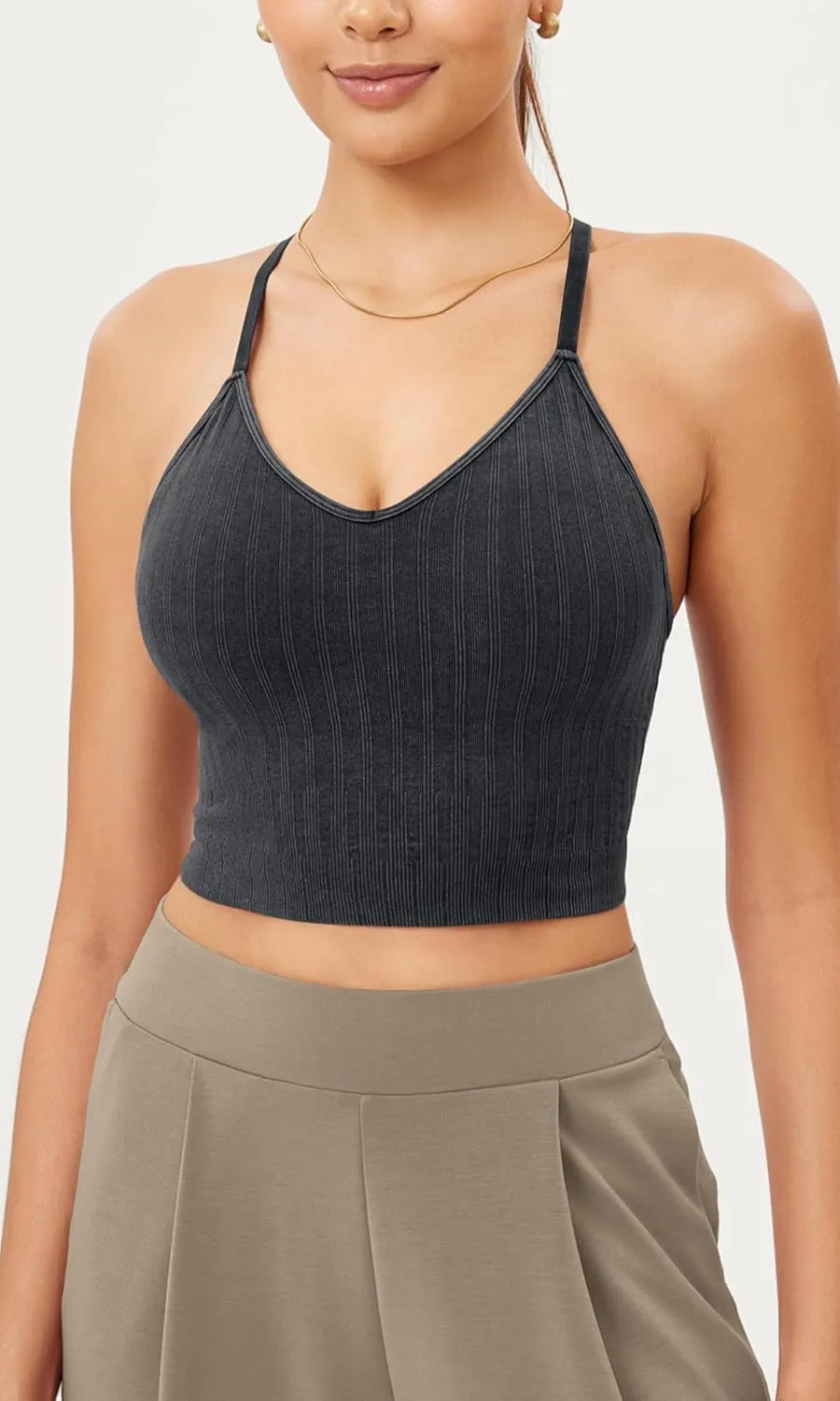 ODODOS Seamless Padded Sports Bra for Women Strappy Longline Wirefree Brami Ribbed Crop Tank Tops