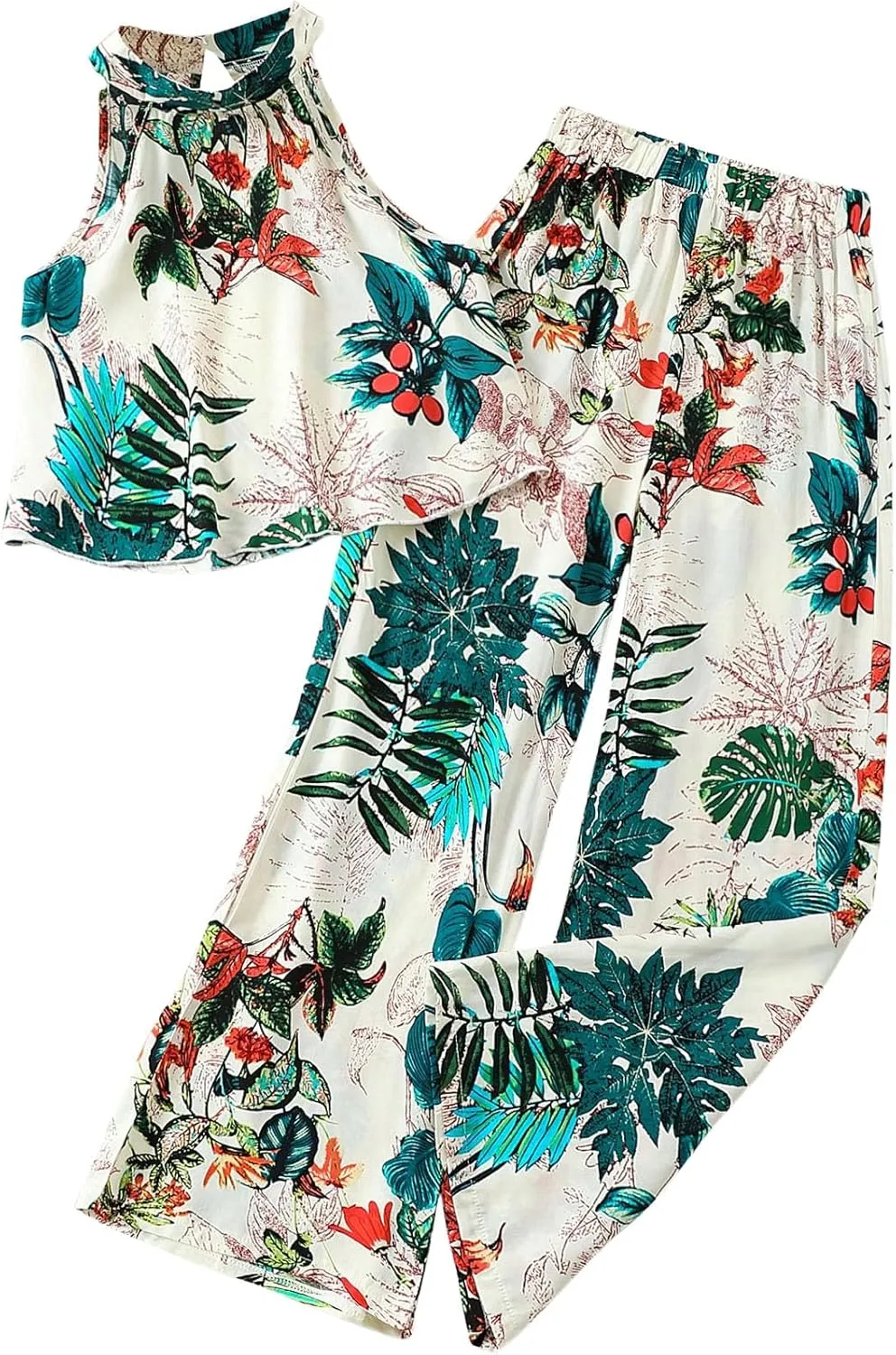 OYOANGLE Girl's Boho 2 Piece Outfits Tropical Print Halter Tank Top and Wide Leg Pants Set Vacation Outfit