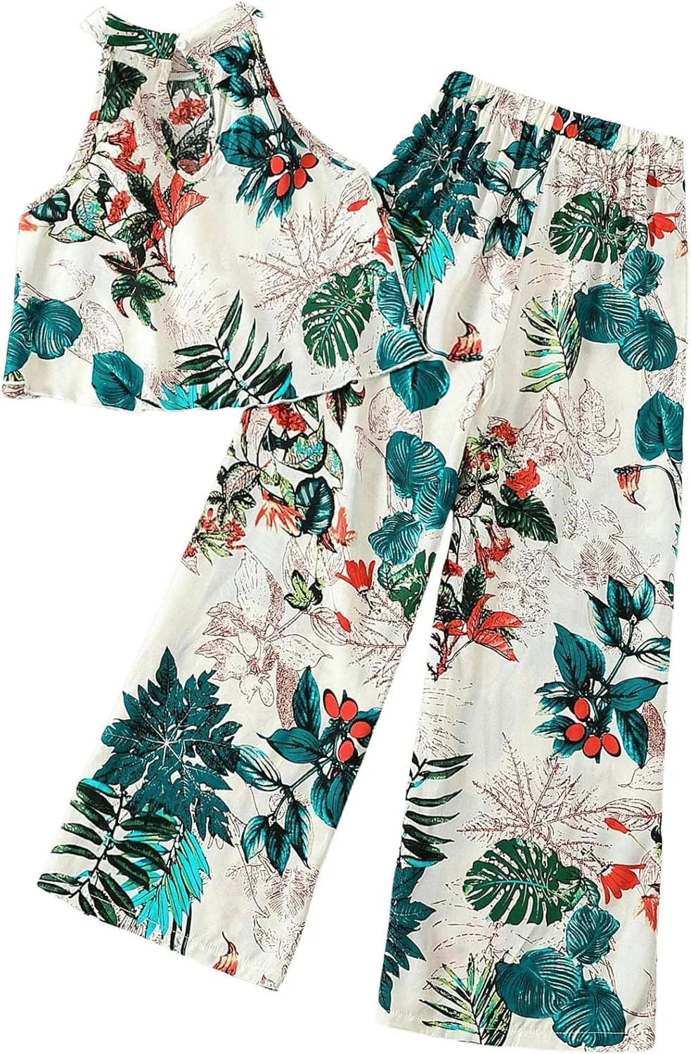 OYOANGLE Girl's Boho 2 Piece Outfits Tropical Print Halter Tank Top and Wide Leg Pants Set Vacation Outfit