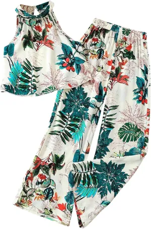 OYOANGLE Girl's Boho 2 Piece Outfits Tropical Print Halter Tank Top and Wide Leg Pants Set Vacation Outfit