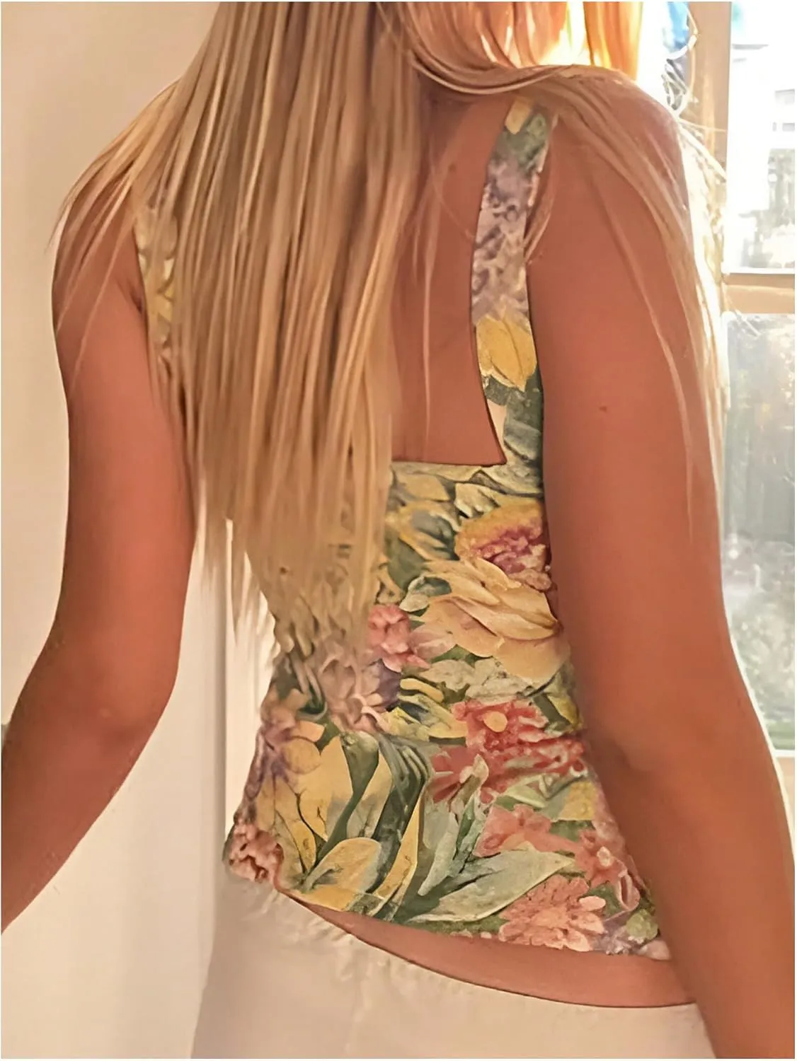 OYOANGLE Women's Floral Print Lace Up Tie Front Y2k Camisole V Neck Spaghetti Strap Fitted Tank Tops
