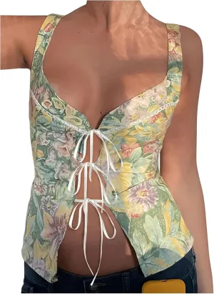 OYOANGLE Women's Floral Print Lace Up Tie Front Y2k Camisole V Neck Spaghetti Strap Fitted Tank Tops
