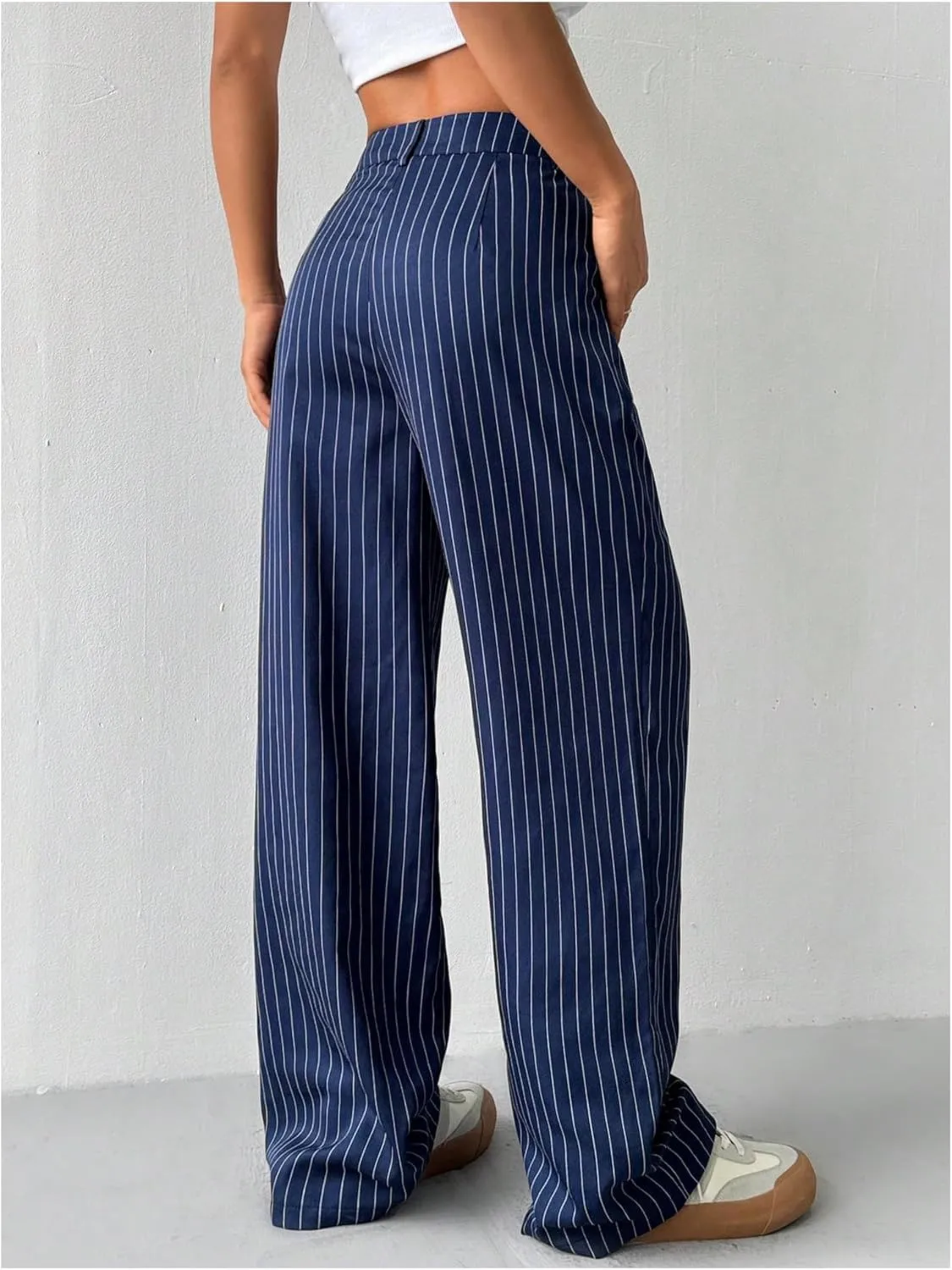 OYOANGLE Women's Striped Buttoned Zipper Fly Trousers High Waisted Straight Leg Casual Suit Pants