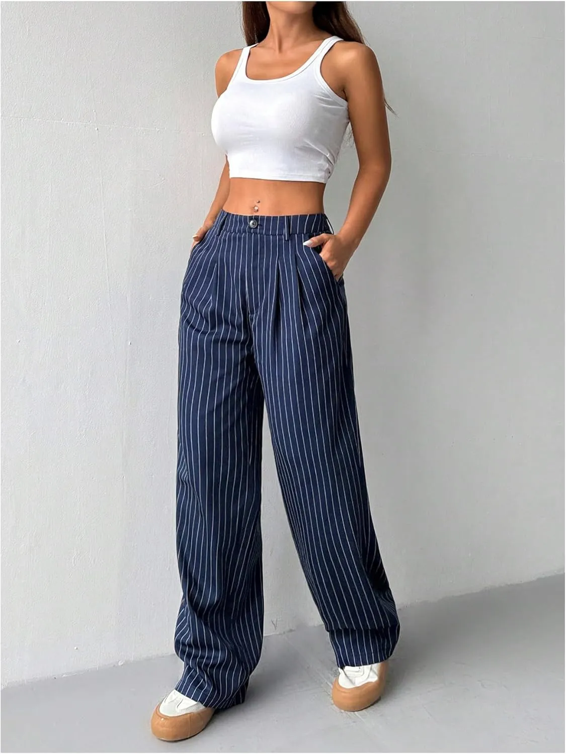 OYOANGLE Women's Striped Buttoned Zipper Fly Trousers High Waisted Straight Leg Casual Suit Pants