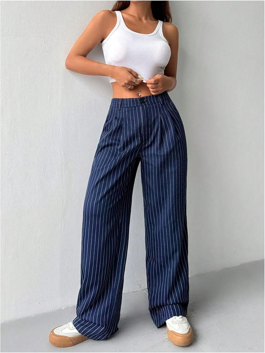 OYOANGLE Women's Striped Buttoned Zipper Fly Trousers High Waisted Straight Leg Casual Suit Pants