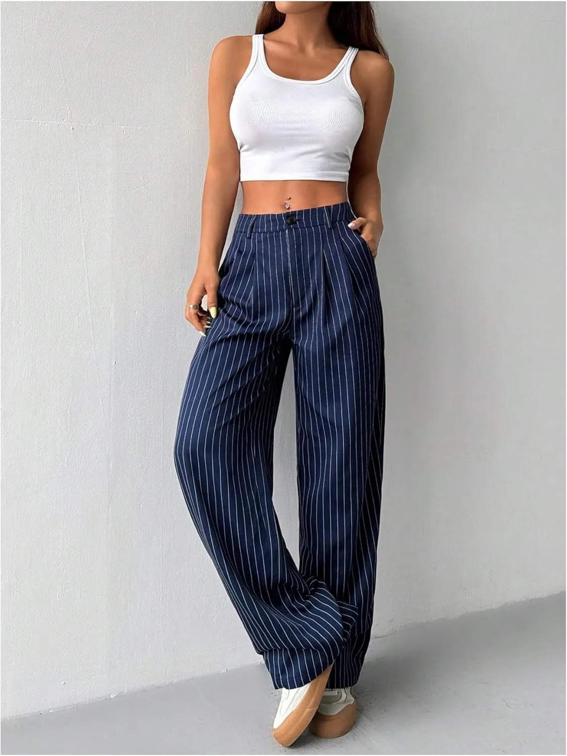 OYOANGLE Women's Striped Buttoned Zipper Fly Trousers High Waisted Straight Leg Casual Suit Pants