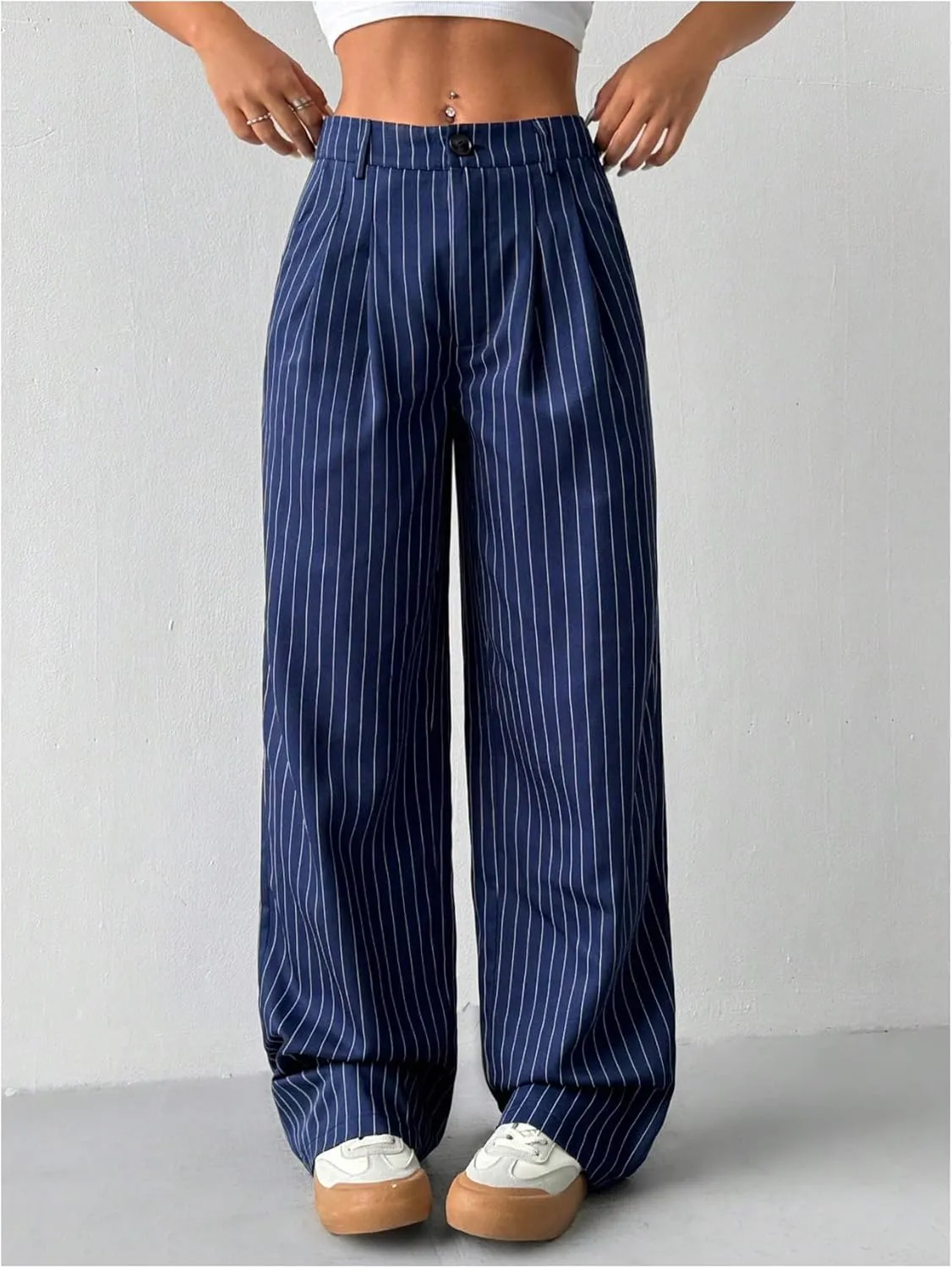 OYOANGLE Women's Striped Buttoned Zipper Fly Trousers High Waisted Straight Leg Casual Suit Pants