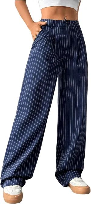 OYOANGLE Women's Striped Buttoned Zipper Fly Trousers High Waisted Straight Leg Casual Suit Pants