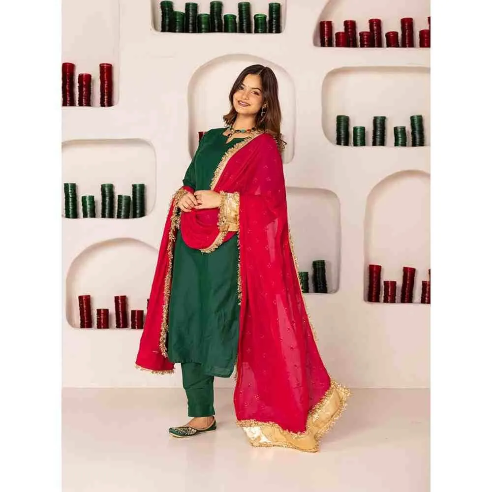 PEHNO'SA Farah Solid Kurta Green (Set of 3)