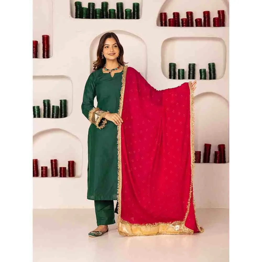 PEHNO'SA Farah Solid Kurta Green (Set of 3)