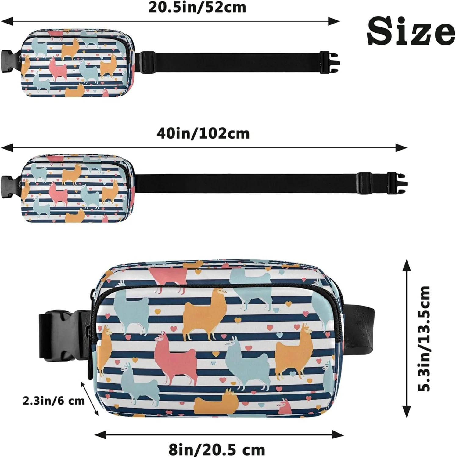 Personalized Cute Llama Stripe Colorful Women Fanny Packs Waterproof Hip Bag Belt Pouch Festival Cross Body Waist Purse