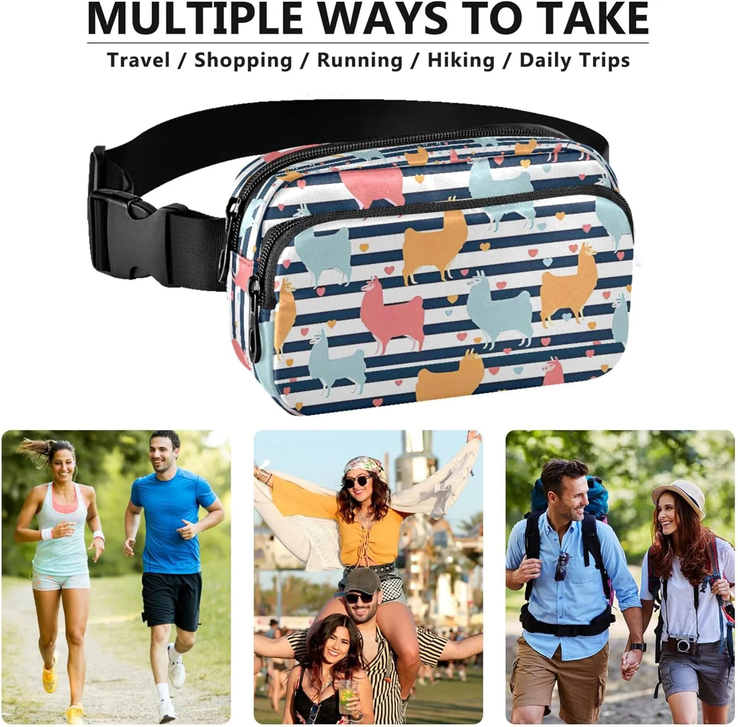 Personalized Cute Llama Stripe Colorful Women Fanny Packs Waterproof Hip Bag Belt Pouch Festival Cross Body Waist Purse