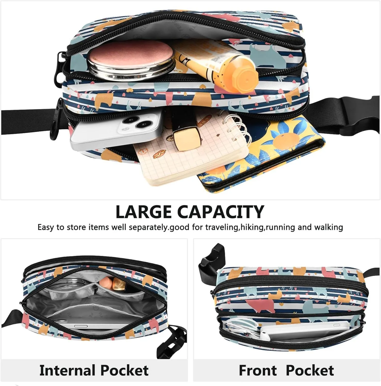 Personalized Cute Llama Stripe Colorful Women Fanny Packs Waterproof Hip Bag Belt Pouch Festival Cross Body Waist Purse