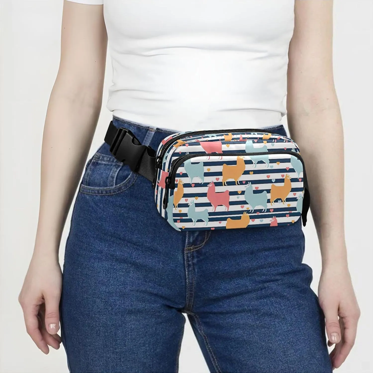 Personalized Cute Llama Stripe Colorful Women Fanny Packs Waterproof Hip Bag Belt Pouch Festival Cross Body Waist Purse