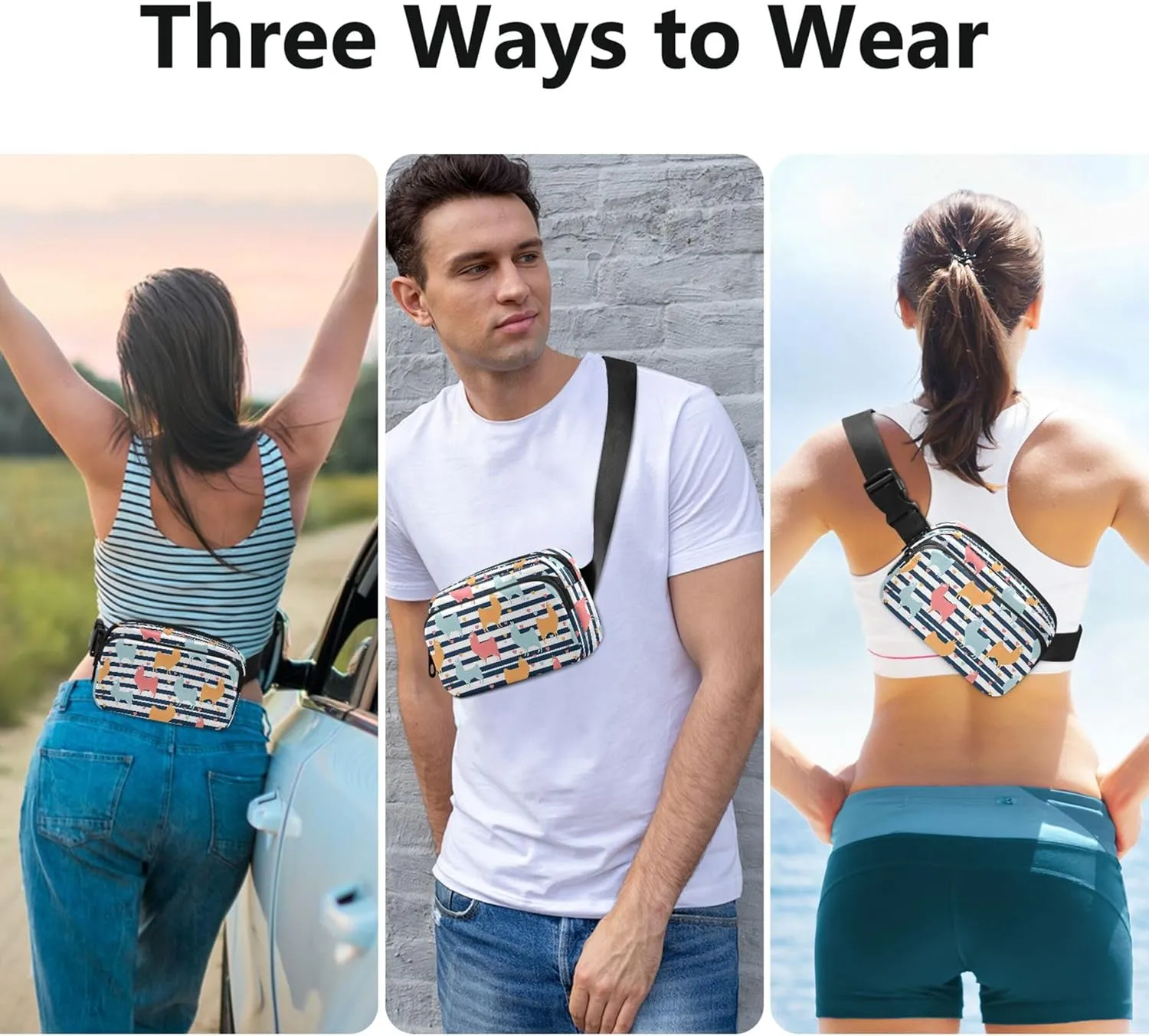 Personalized Cute Llama Stripe Colorful Women Fanny Packs Waterproof Hip Bag Belt Pouch Festival Cross Body Waist Purse