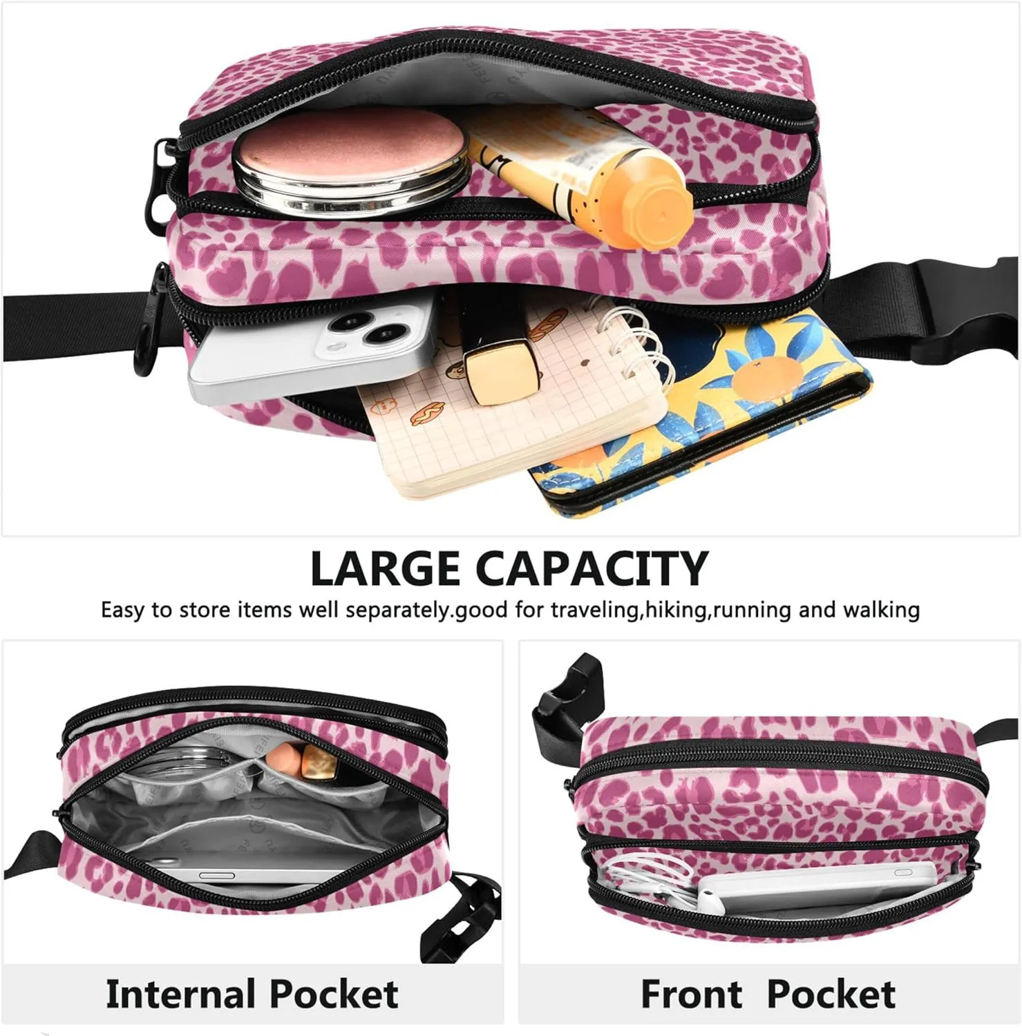 Pink Leopard Look Waterproof Women Fanny Packs Hip Bag Belt Pouch Colorful Travel Waist Pack for Men