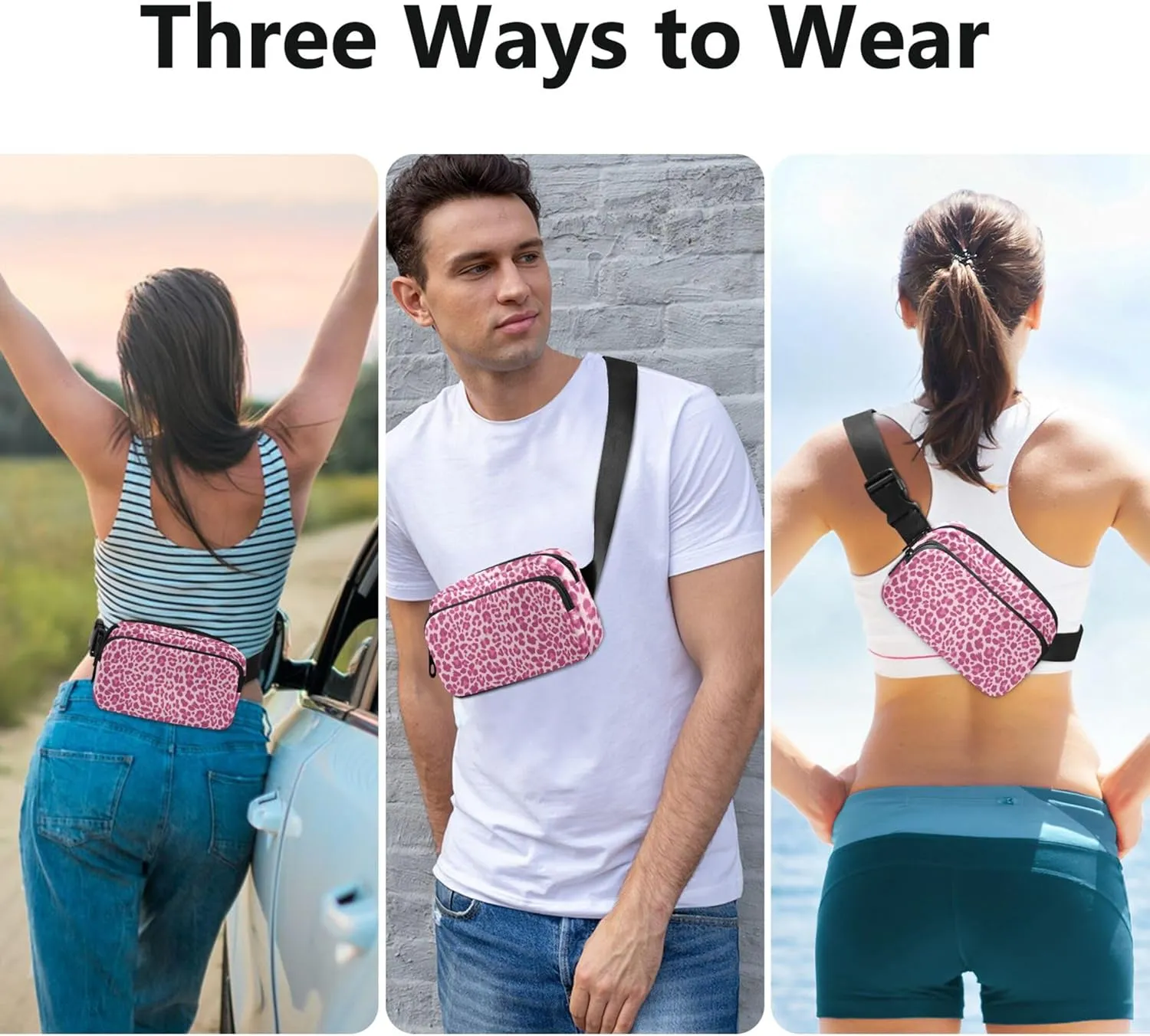 Pink Leopard Look Waterproof Women Fanny Packs Hip Bag Belt Pouch Colorful Travel Waist Pack for Men