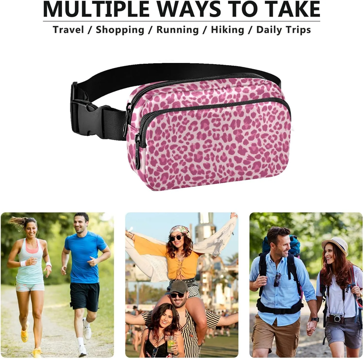 Pink Leopard Look Waterproof Women Fanny Packs Hip Bag Belt Pouch Colorful Travel Waist Pack for Men