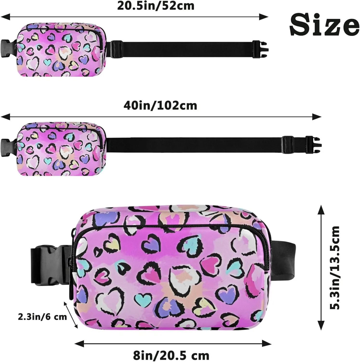 Pink Leopard Print Hearts Fanny Packs for Women Hip Pack Belt Pouch Waterproof Funny Travel Waist Bag