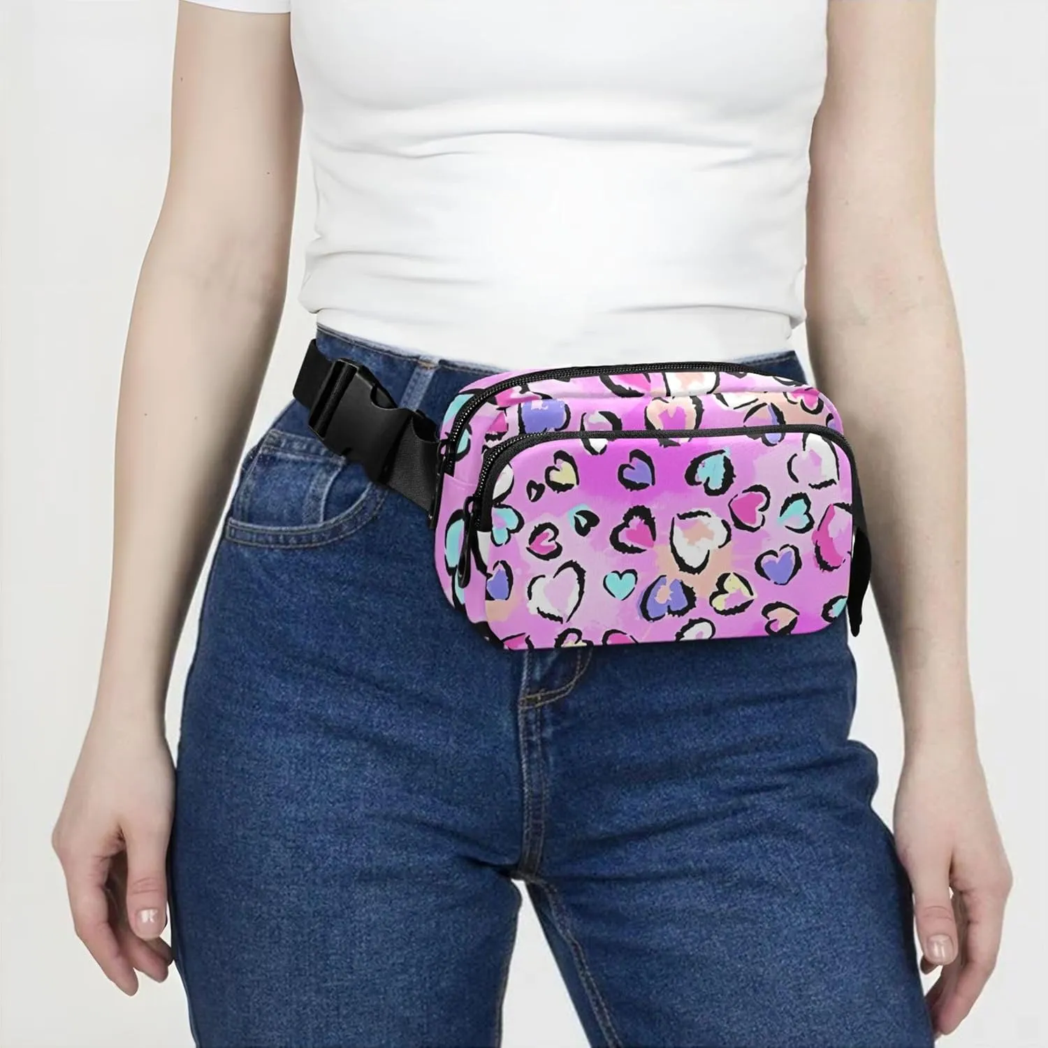 Pink Leopard Print Hearts Fanny Packs for Women Hip Pack Belt Pouch Waterproof Funny Travel Waist Bag