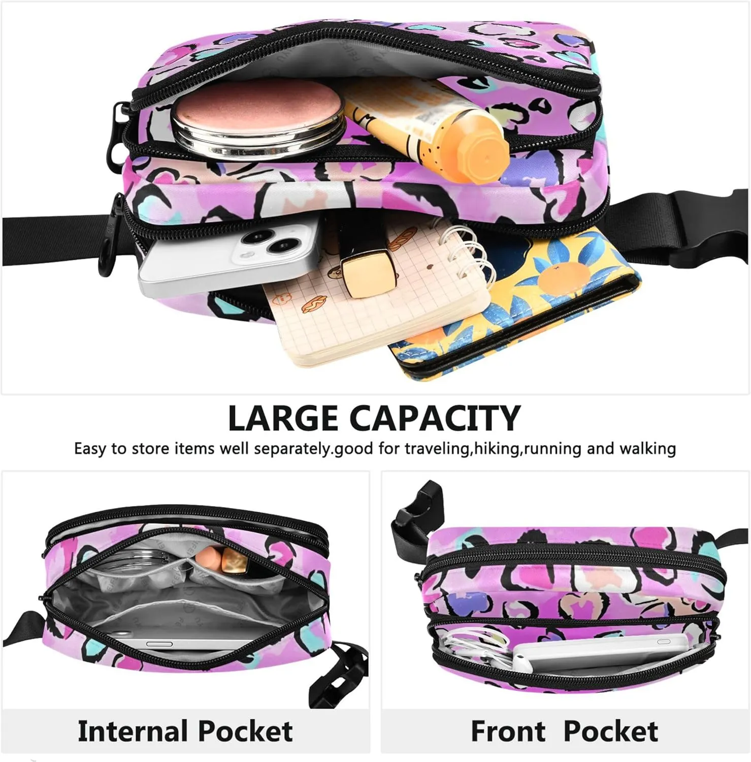 Pink Leopard Print Hearts Fanny Packs for Women Hip Pack Belt Pouch Waterproof Funny Travel Waist Bag