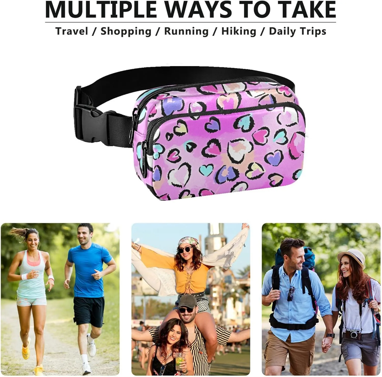 Pink Leopard Print Hearts Fanny Packs for Women Hip Pack Belt Pouch Waterproof Funny Travel Waist Bag