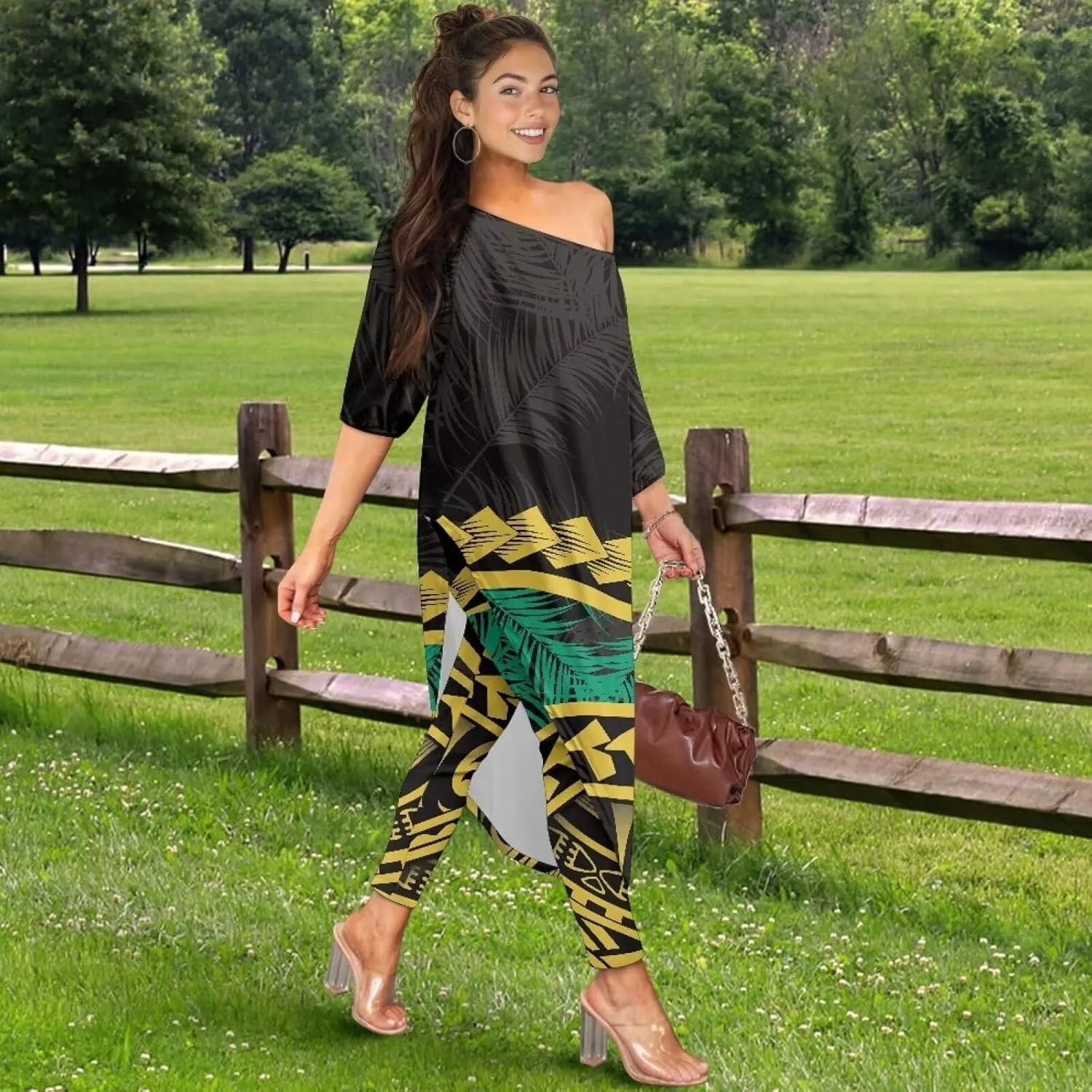 Polynesian Tapa Puletasi Samoan Womens Tracksuits Off The Shoulder Asymmetrica Tops Bodycon Pants Sweatsuit Sets
