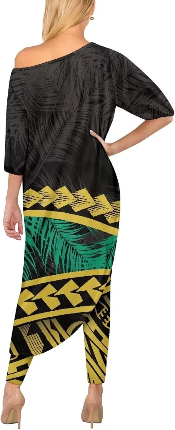 Polynesian Tapa Puletasi Samoan Womens Tracksuits Off The Shoulder Asymmetrica Tops Bodycon Pants Sweatsuit Sets