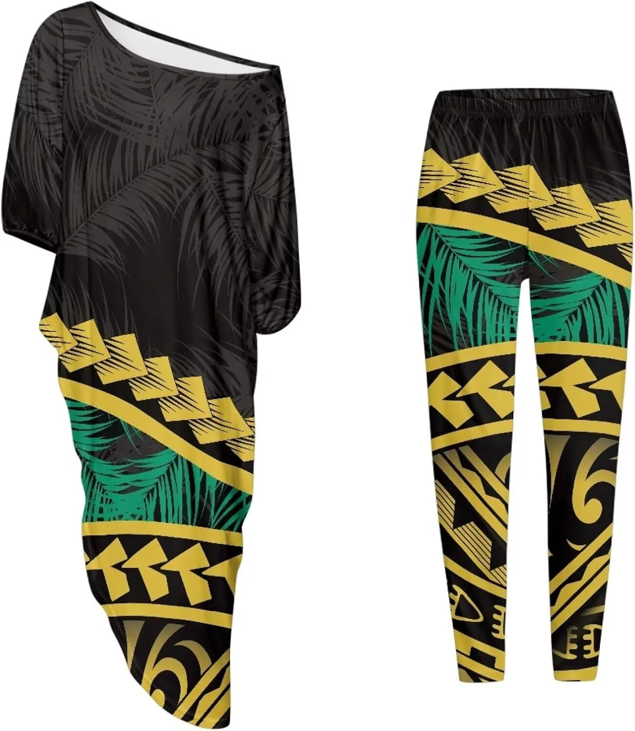Polynesian Tapa Puletasi Samoan Womens Tracksuits Off The Shoulder Asymmetrica Tops Bodycon Pants Sweatsuit Sets