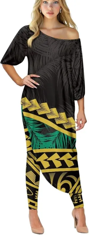 Polynesian Tapa Puletasi Samoan Womens Tracksuits Off The Shoulder Asymmetrica Tops Bodycon Pants Sweatsuit Sets