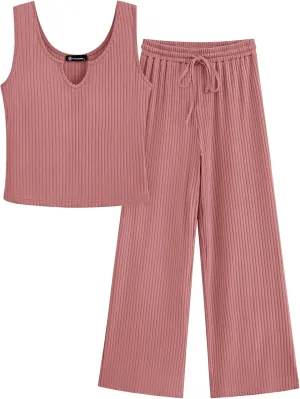 PRETTYGARDEN Women's Summer Casual Two Piece Outfits Sweatsuits Tank Scoop Neck Ribbed Knit Long Pants Tracksuits