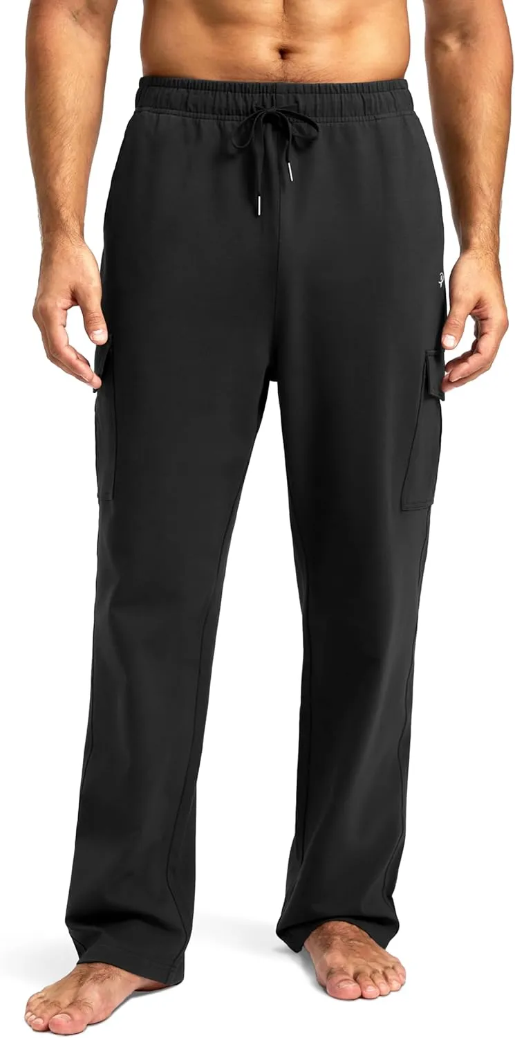 Pudolla Men's Cotton Sweatpants with Cargo Pockets Open Bottom Yoga Pants for Men Lounge Pants for Athletic Workout Casual