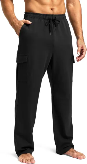 Pudolla Men's Cotton Sweatpants with Cargo Pockets Open Bottom Yoga Pants for Men Lounge Pants for Athletic Workout Casual