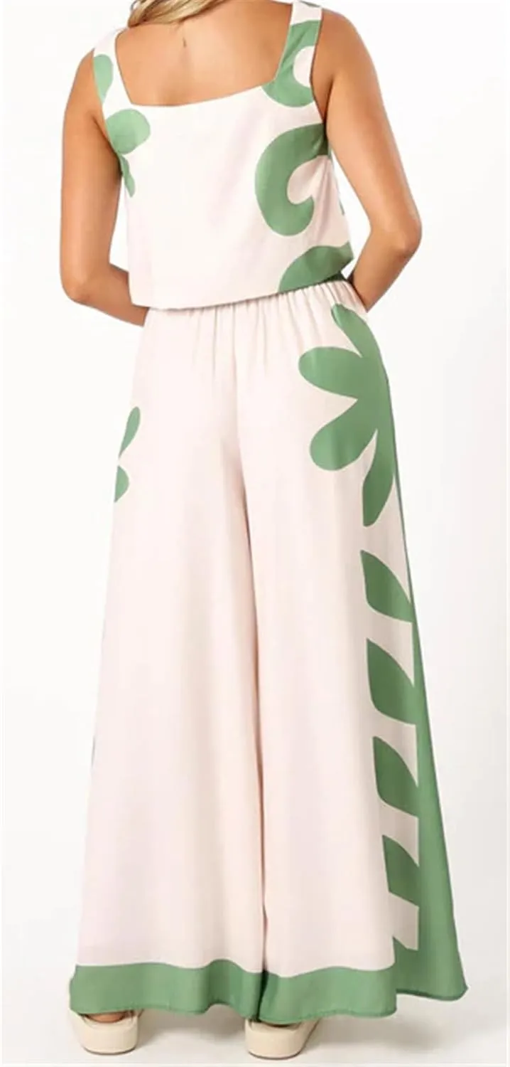 Recious Womens Sexy 2 Pieces Printed Tank Tops Bodycon Wide Leg Pants Party Clubwear Tracksuit Outfits Set
