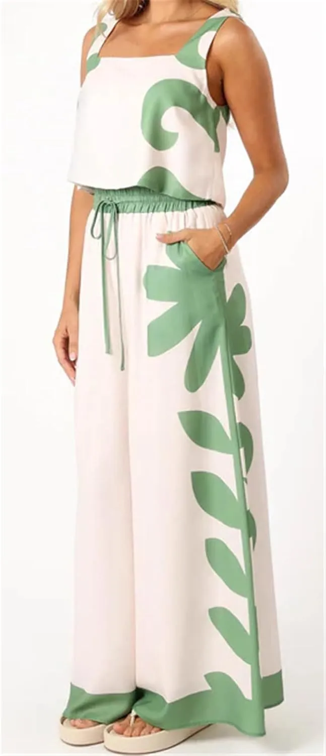 Recious Womens Sexy 2 Pieces Printed Tank Tops Bodycon Wide Leg Pants Party Clubwear Tracksuit Outfits Set