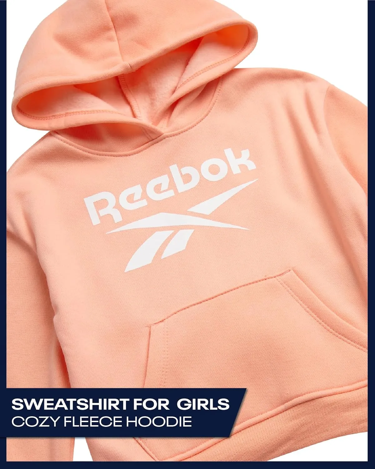 Reebok Girls' Hoodie - Soft Spun Fleece Pullover Sweatshirt with Front Pockets - Athletic Hoodies for Girls (7-12)