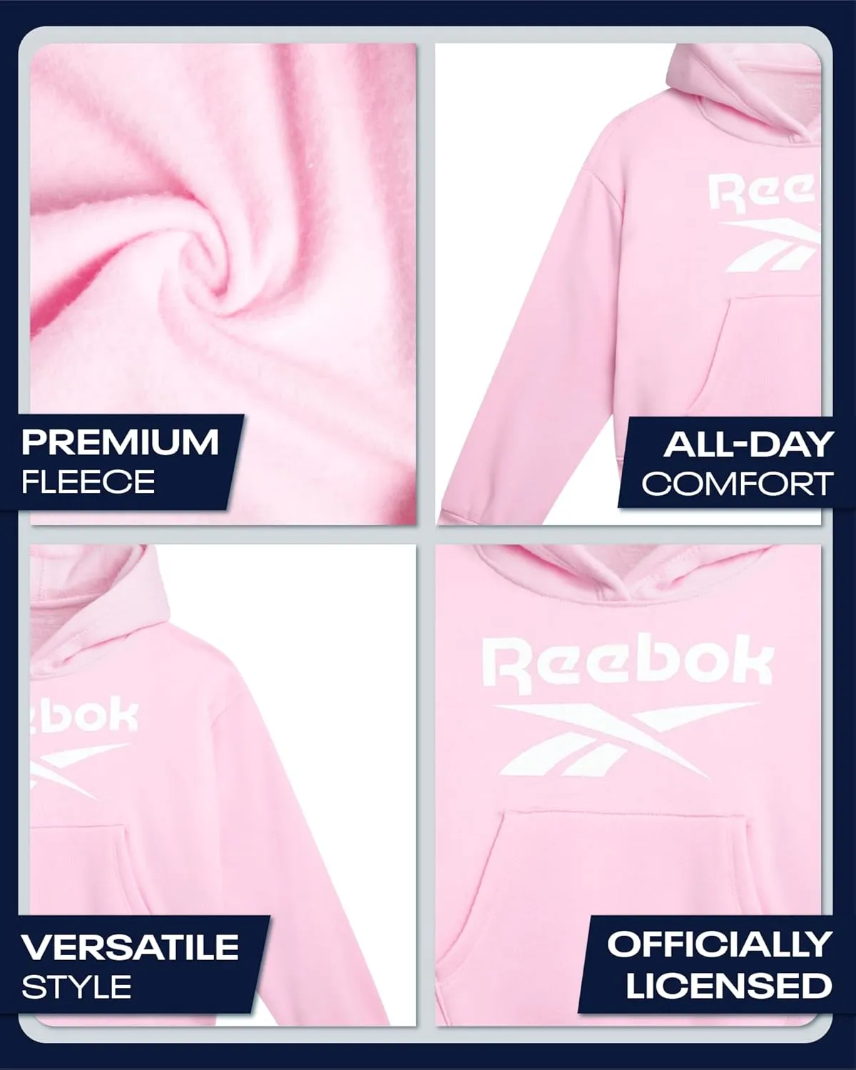 Reebok Girls' Hoodie - Soft Spun Fleece Pullover Sweatshirt with Front Pockets - Athletic Hoodies for Girls (7-12)