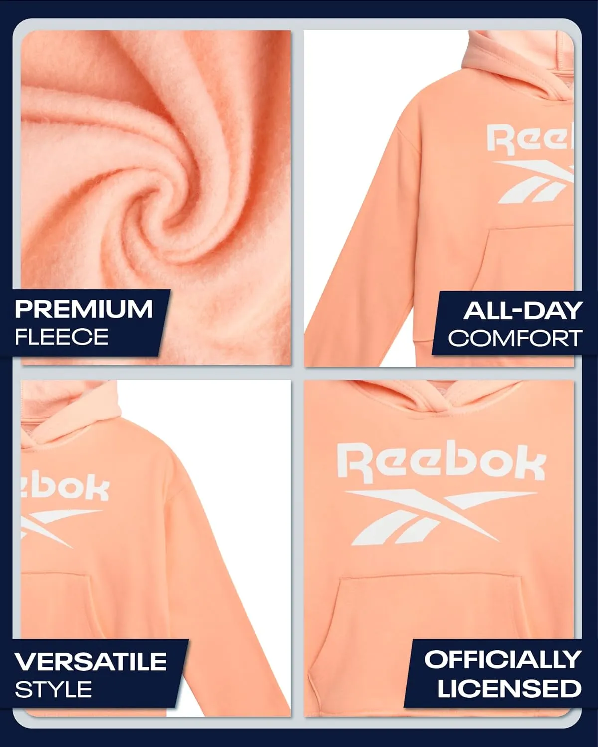 Reebok Girls' Hoodie - Soft Spun Fleece Pullover Sweatshirt with Front Pockets - Athletic Hoodies for Girls (7-12)