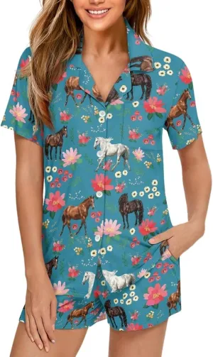 Renewold Women's Pajama Sets Short Sleeve Women's Sleepwear Notch Collar Button Down Nightwear Loungewear Top and Shorts