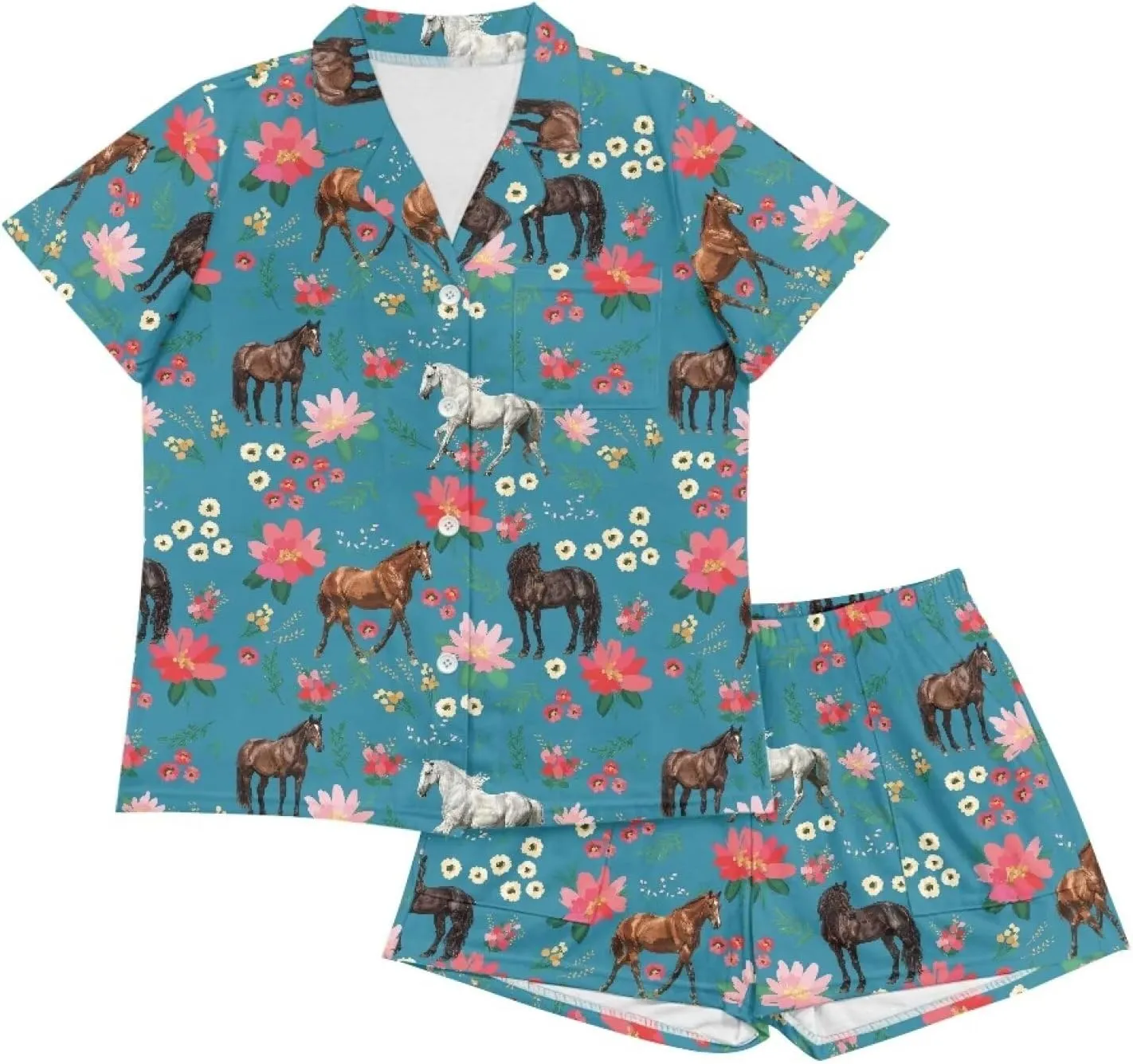 Renewold Women's Pajama Sets Short Sleeve Women's Sleepwear Notch Collar Button Down Nightwear Loungewear Top and Shorts