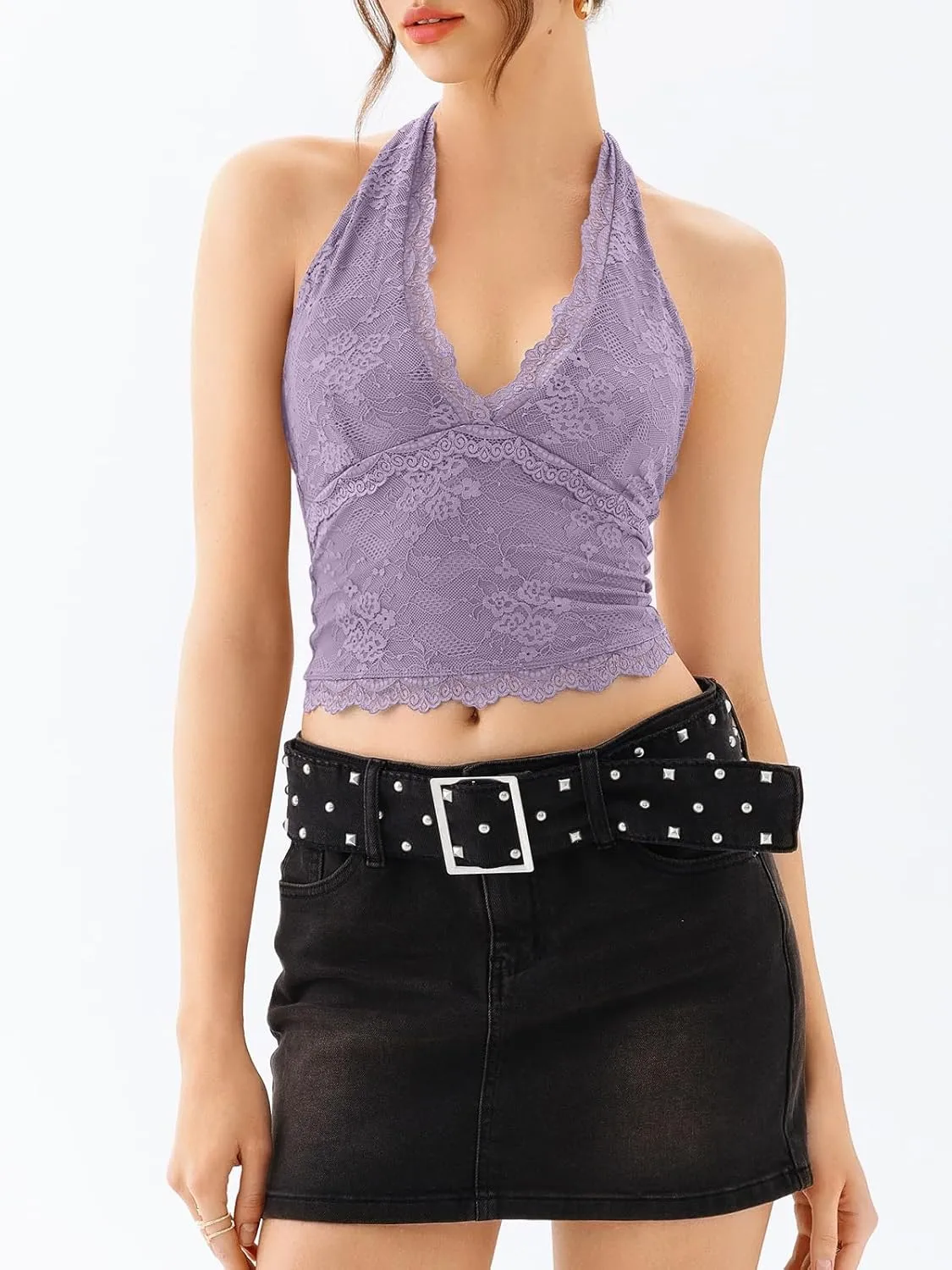 REORIA Womens Sexy V Neck Lace Halter Backless Going Out Double Lined Y2K Trendy Cropped Tank Tops